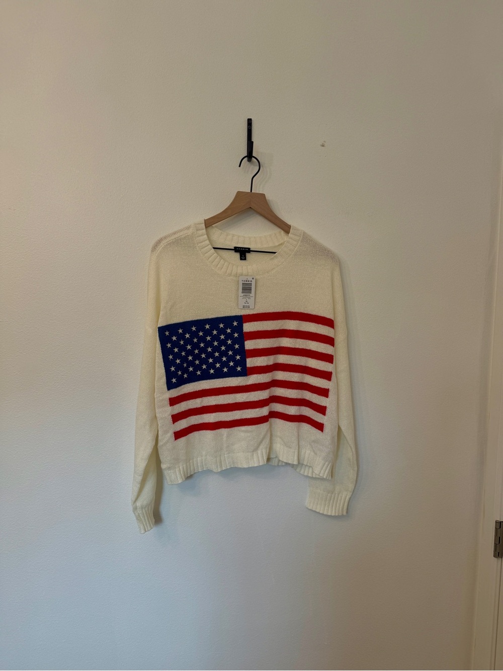 torrid Cream Crewneck Sweater with Red & Blue Flag Graphic